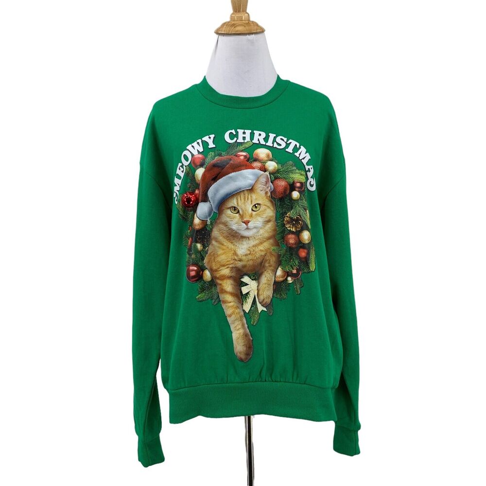 Moewy Christmas IML Sweater Womens S Small Kelly Green Attached Bell Cat Holiday
